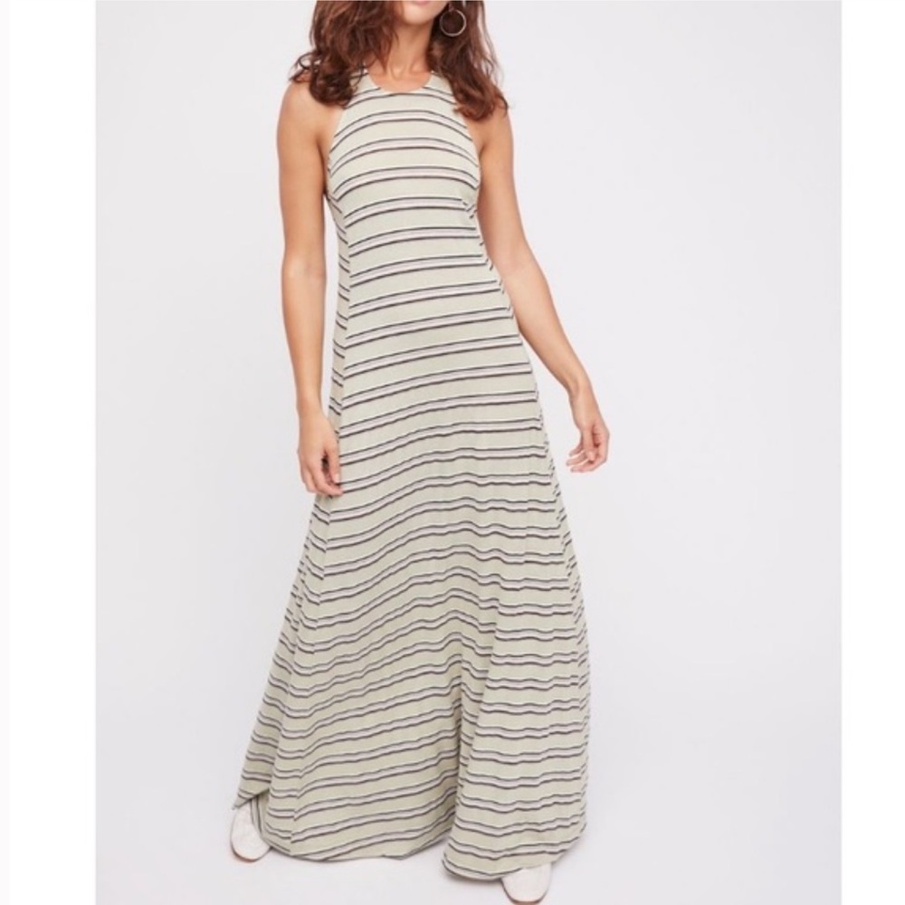 Free People Waikiki maxi dress Sleeveless Open Back Long Green and Blue Striped